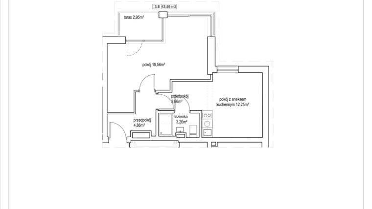 Rzut - Mieszkanie na sprzedaż 2 pokoje o powierzchni 43,59 m² - numer 4/17. w Apartamenty Nowy Targ
