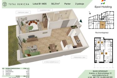 Rzut - Mieszkanie na sprzedaż 2 pokoje o powierzchni 56,21 m² - numer B1.M5 w Tutaj Bunscha
