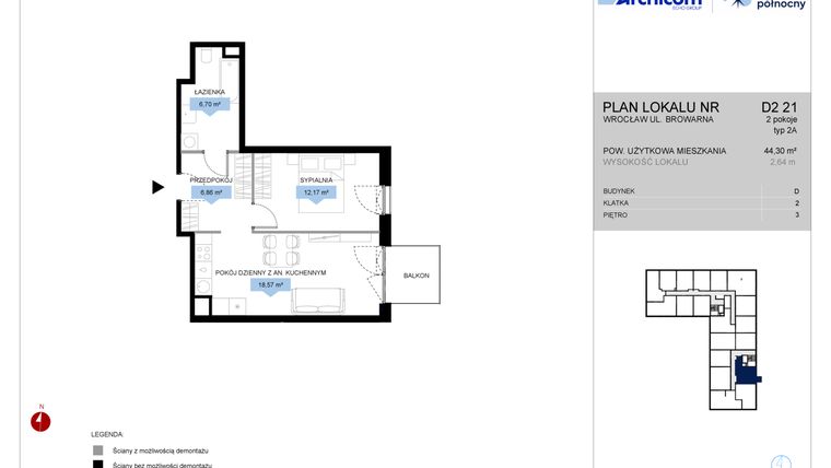 Rzut - Mieszkanie na sprzedaż 2 pokoje o powierzchni 44,3 m² - numer D2.21 w Bulwar Północny