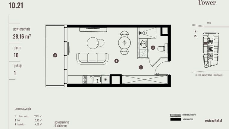 Rzut - Mieszkanie na sprzedaż 1 pokój o powierzchni 28,16 m² - numer 10.21 w Quorum Tower