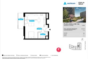 Rzut - Mieszkanie na sprzedaż 1 pokój o powierzchni 44,22 m² - numer B3.184 w Stacja Wola - Etap III