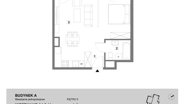 Rzut - Mieszkanie na sprzedaż 1 pokój o powierzchni 43,39 m² - numer A1.5.44 w ATAL Grabiszyn