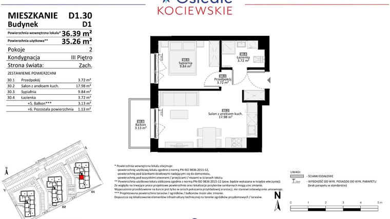 Rzut - Mieszkanie na sprzedaż 2 pokoje o powierzchni 35,26 m² - numer D1.30 w Osiedle Kociewskie etap III