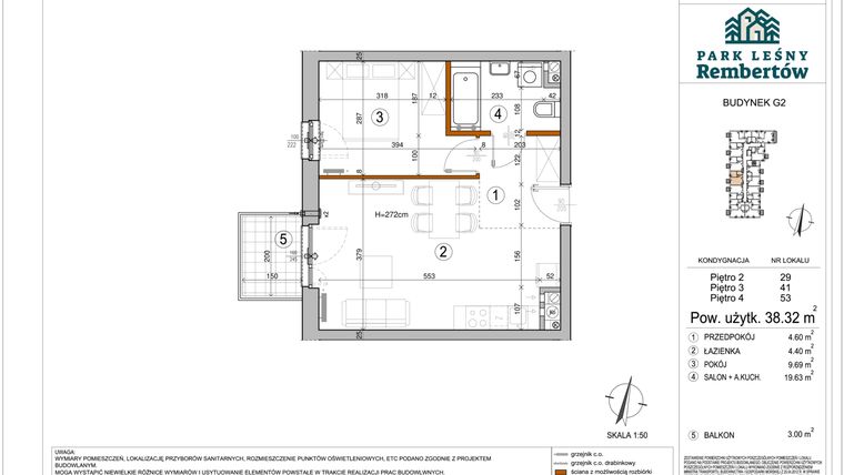 Rzut - Mieszkanie na sprzedaż 2 pokoje o powierzchni 38,32 m² - numer G2-53 w Park Leśny Rembertów etap VI