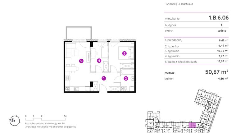 Rzut - Mieszkanie na sprzedaż 3 pokoje o powierzchni 50,67 m² - numer 1.B.6.06 w Murapol Scarpa