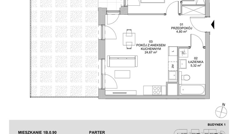 Rzut - Mieszkanie na sprzedaż 2 pokoje o powierzchni 47,31 m² - numer 1B.0.90 w Francuska Park VIIIB