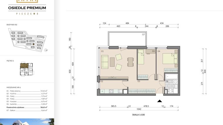 Rzut - Mieszkanie na sprzedaż 3 pokoje o powierzchni 58,63 m² - numer B2.6 w Osiedle Premium etap IV