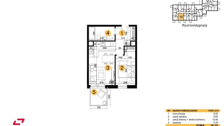 Rzut - Mieszkanie na sprzedaż 2 pokoje o powierzchni 36,7 m² - numer M16 w Punkt Wola