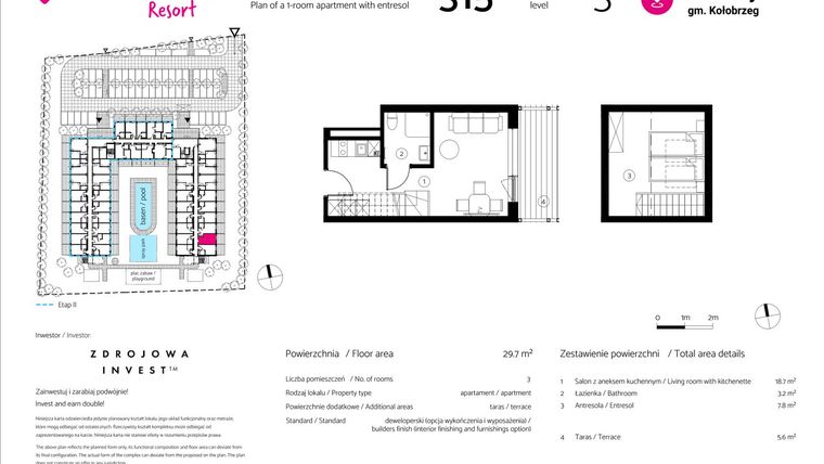 Rzut - Mieszkanie na sprzedaż 1 pokój o powierzchni 29,7 m² - numer 315 w VacationClub Resort