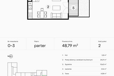 Rzut - Mieszkanie na sprzedaż 2 pokoje o powierzchni 48,79 m² - numer 0-3 w Pączka 1