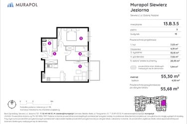 Rzut - Mieszkanie na sprzedaż 2 pokoje o powierzchni 55,68 m² - numer 13.B.3.5 w Murapol Siewierz Jeziorna