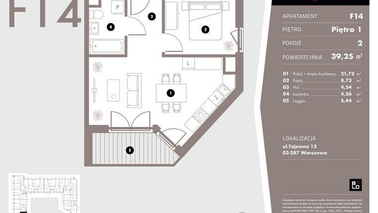 Rzut - Mieszkanie na sprzedaż 2 pokoje o powierzchni 39,25 m² - numer F14 w Livo