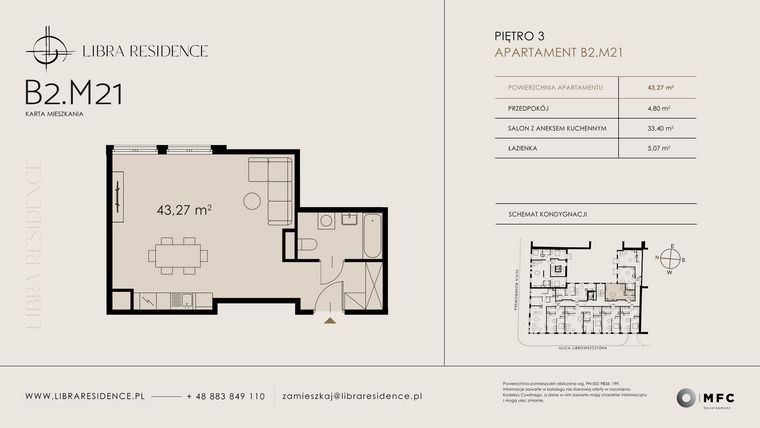 Rzut - Mieszkanie na sprzedaż 1 pokój o powierzchni 43,27 m² - numer B2.M21 w Libra Residence