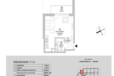 Rzut - Mieszkanie na sprzedaż 1 pokój o powierzchni 32,21 m² - numer 7.1.2 w Osiedle Przyjemne IV