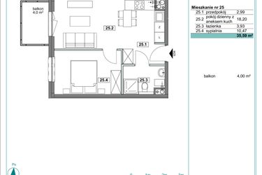 Rzut - Mieszkanie na sprzedaż 2 pokoje o powierzchni 35,84 m² - numer D.25 w Osiedle Kościuszki etap II