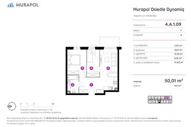 Rzut - Mieszkanie na sprzedaż 2 pokoje o powierzchni 50,01 m² - numer 4.A.1.09 w Murapol Osiedle Dynamiq