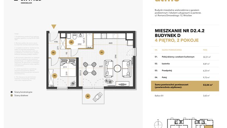 Rzut - Mieszkanie na sprzedaż 2 pokoje o powierzchni 53,04 m² - numer D2.4.2 w Atmo
