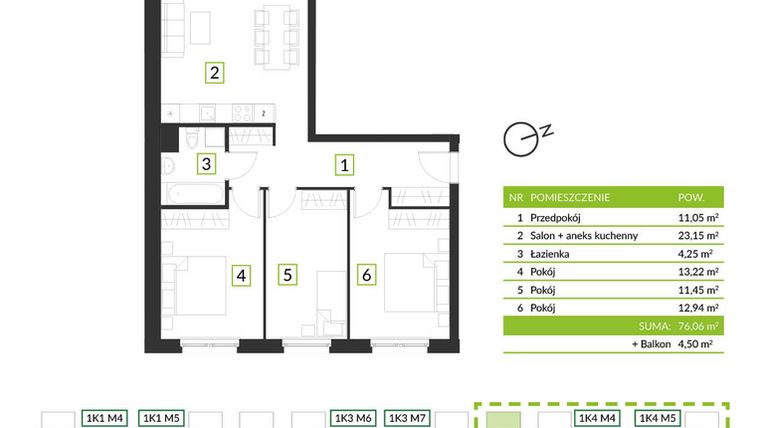 Rzut - Mieszkanie na sprzedaż 4 pokoje o powierzchni 76,06 m² - numer 1K4 M3 w Osiedle Krzeptów przy lesie