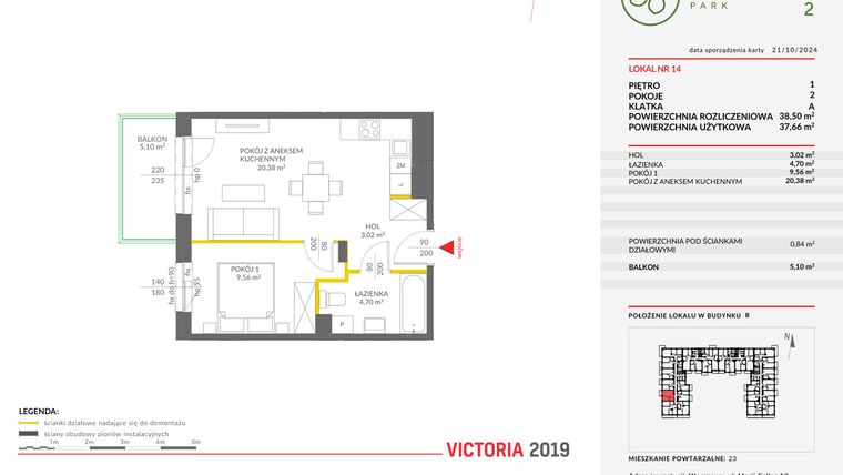 Rzut - Mieszkanie na sprzedaż 2 pokoje o powierzchni 38,5 m² - numer B.14 w Olchowy Park II