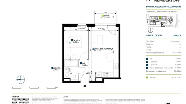 Rzut - Mieszkanie na sprzedaż 2 pokoje o powierzchni 37,24 m² - numer AA0208 w Stacja Rembertów