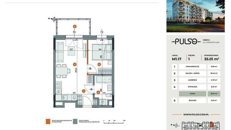 Rzut - Mieszkanie na sprzedaż 2 pokoje o powierzchni 35,01 m² - numer M1.17 w Pulso
