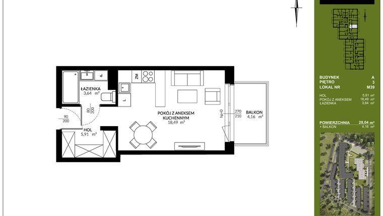 Rzut - Mieszkanie na sprzedaż 1 pokój o powierzchni 28,04 m² - numer A_M39 w Triton Kampinos III