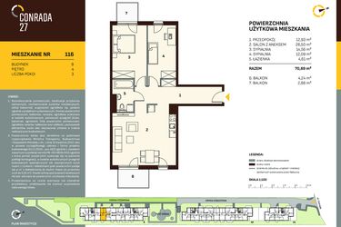 Rzut - Mieszkanie na sprzedaż 3 pokoje o powierzchni 70,69 m² - numer B.116 w Conrada 27