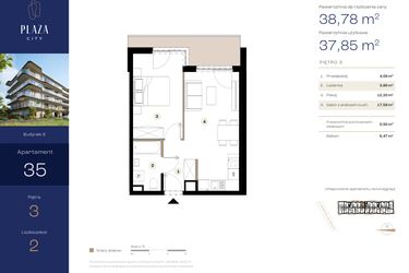 Rzut - Mieszkanie na sprzedaż 2 pokoje o powierzchni 38,78 m² - numer B6M35 w Plaza City