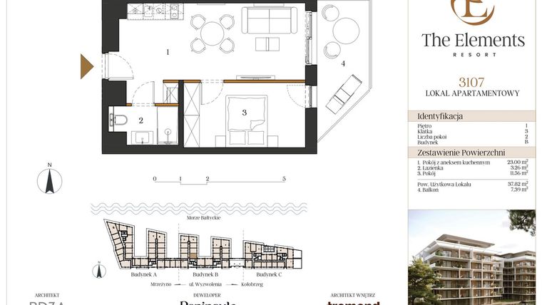 Rzut - Mieszkanie na sprzedaż 2 pokoje o powierzchni 37,82 m² - numer B3107 w The Elements Resort