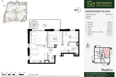 Rzut - Mieszkanie na sprzedaż 3 pokoje o powierzchni 65,16 m² - numer D3.M15 w Apartamenty przy Parku Szczytnickim