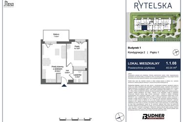 Rzut - Mieszkanie na sprzedaż 2 pokoje o powierzchni 45,04 m² - numer 1.1.08 w Rytelska