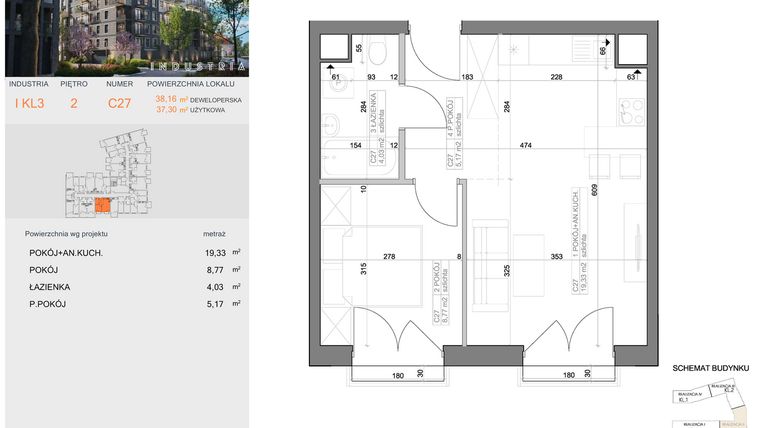 Rzut - Mieszkanie na sprzedaż 2 pokoje o powierzchni 37,3 m² - numer I-C27 w Industria etap I-D oraz I-C