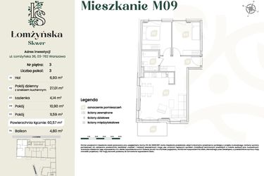 Rzut - Mieszkanie na sprzedaż 3 pokoje o powierzchni 60,57 m² - numer 9 w Łomżyńska Skwer