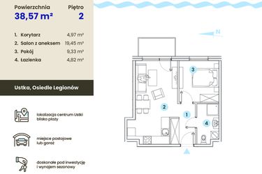 Rzut - Mieszkanie na sprzedaż 2 pokoje o powierzchni 38,57 m² - numer 2.10 w Ustka Flow