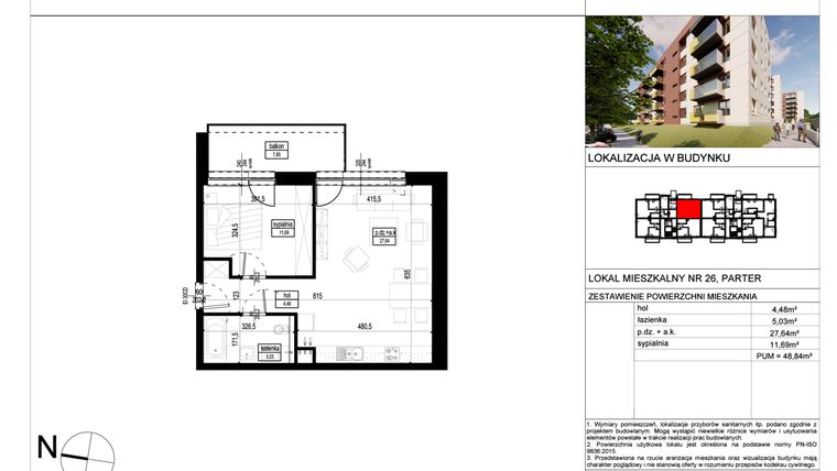 Rzut - Mieszkanie na sprzedaż 2 pokoje o powierzchni 48,84 m² - numer A.26 w Wólczańska 248 - etap II