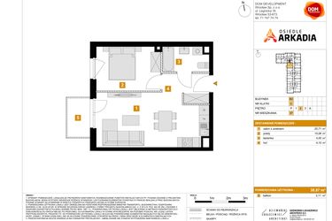 Rzut - Mieszkanie na sprzedaż 2 pokoje o powierzchni 38,87 m² - numer 37 w Osiedle Arkadia