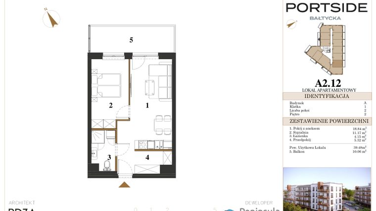 Rzut - Mieszkanie na sprzedaż 2 pokoje o powierzchni 39,48 m² - numer A2.12 w Portside Bałtycka