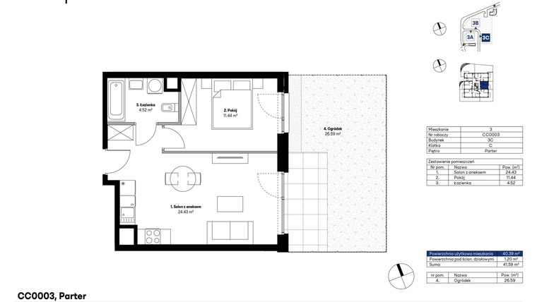 Rzut - Mieszkanie na sprzedaż 2 pokoje o powierzchni 40,39 m² - numer CC0003 w NU3 Warszawa Wola