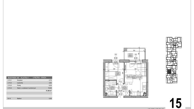 Rzut - Mieszkanie na sprzedaż 2 pokoje o powierzchni 31,06 m² - numer A.9.M.15 w Sobola Biel A9
