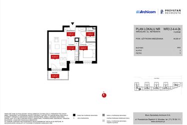 Rzut - Mieszkanie na sprzedaż 2 pokoje o powierzchni 44,08 m² - numer WR3 2/4/4/2k w Przystań Reymonta etap II