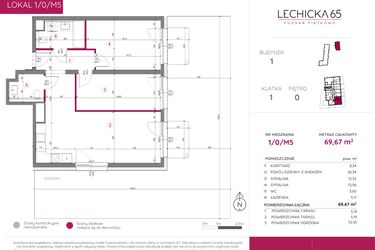 Rzut - Mieszkanie na sprzedaż 3 pokoje o powierzchni 69,67 m² - numer 1/0/M5 w Lechicka 65