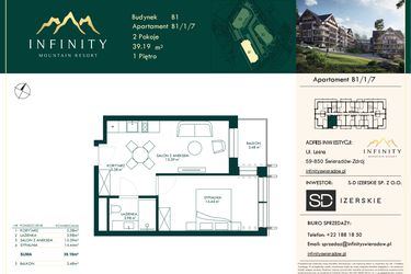 Rzut - Mieszkanie na sprzedaż 2 pokoje o powierzchni 39,19 m² - numer B1/1/7 w Infinity Mountain Resort etap 2