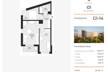 Rzut - Mieszkanie na sprzedaż 3 pokoje o powierzchni 50,29 m² - numer G1-14 w Piasta Park VI