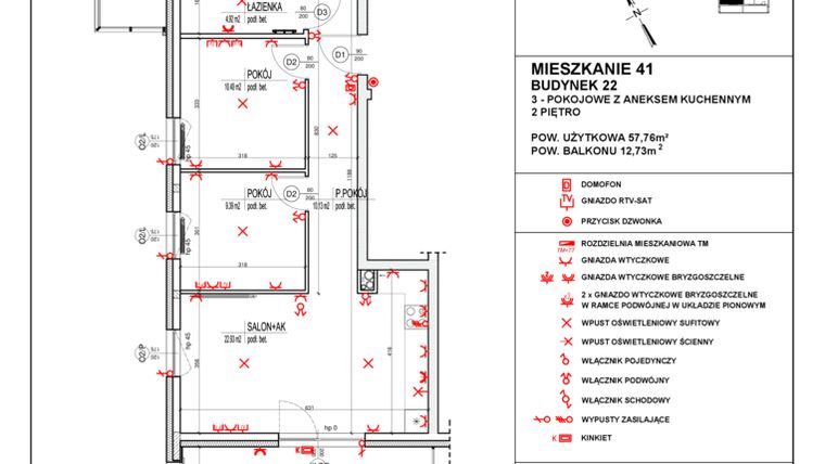 Rzut - Mieszkanie na sprzedaż 3 pokoje o powierzchni 57,76 m² - numer 22_41 w Osiedle 4 Pory Roku - Etap VIII