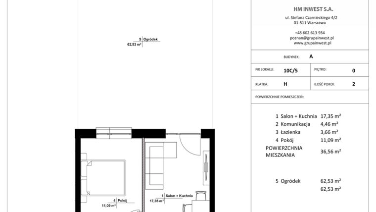 Rzut - Mieszkanie na sprzedaż 2 pokoje o powierzchni 36,56 m² - numer 10C/5 w Jasielska 8C etap II