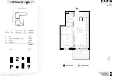 Rzut - Mieszkanie na sprzedaż 2 pokoje o powierzchni 38,82 m² - numer B45 w Paderewskiego 29