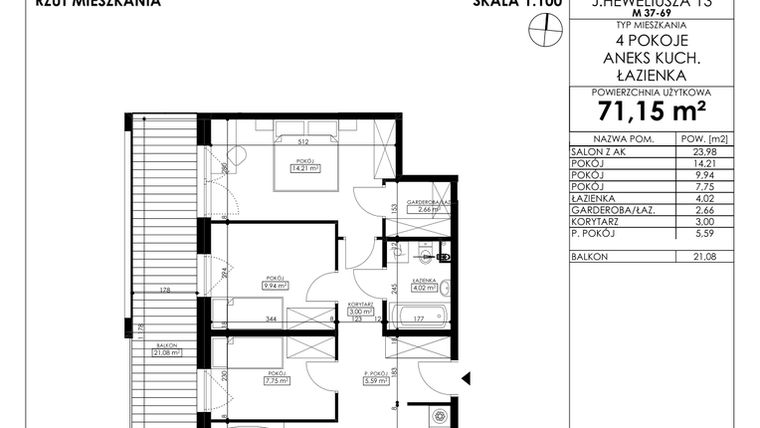 Rzut - Mieszkanie na sprzedaż 4 pokoje o powierzchni 71,15 m² - numer JAR-II-B-LM-M68 w Osiedle JAR Heweliusza etap II