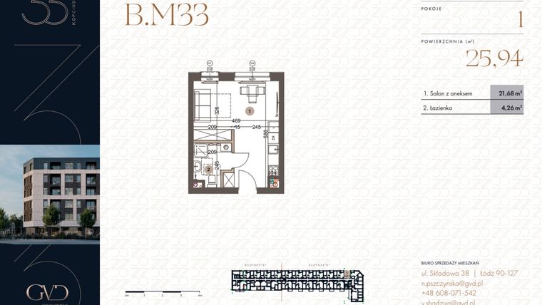 Rzut - Mieszkanie na sprzedaż 1 pokój o powierzchni 25,94 m² - numer B.M33 w Kopcińskiego 33