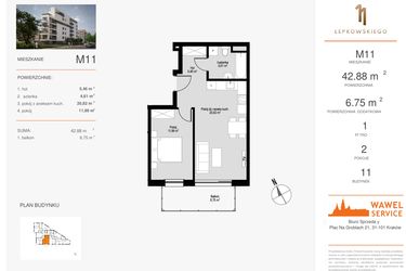 Rzut - Mieszkanie na sprzedaż 2 pokoje o powierzchni 42,88 m² - numer M11 w Łepkowskiego 11