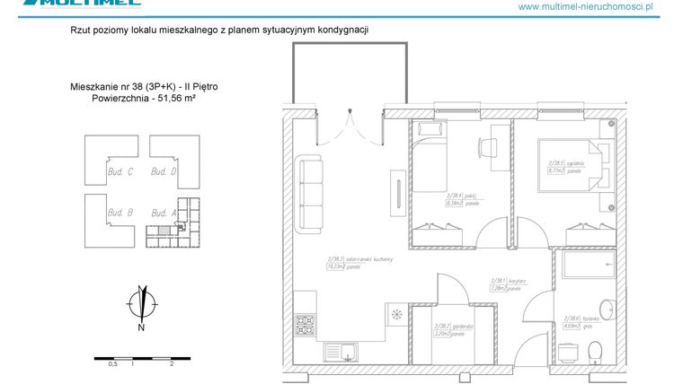 Rzut - Mieszkanie na sprzedaż 3 pokoje o powierzchni 51,56 m² - numer 38A w Dominów Rynek